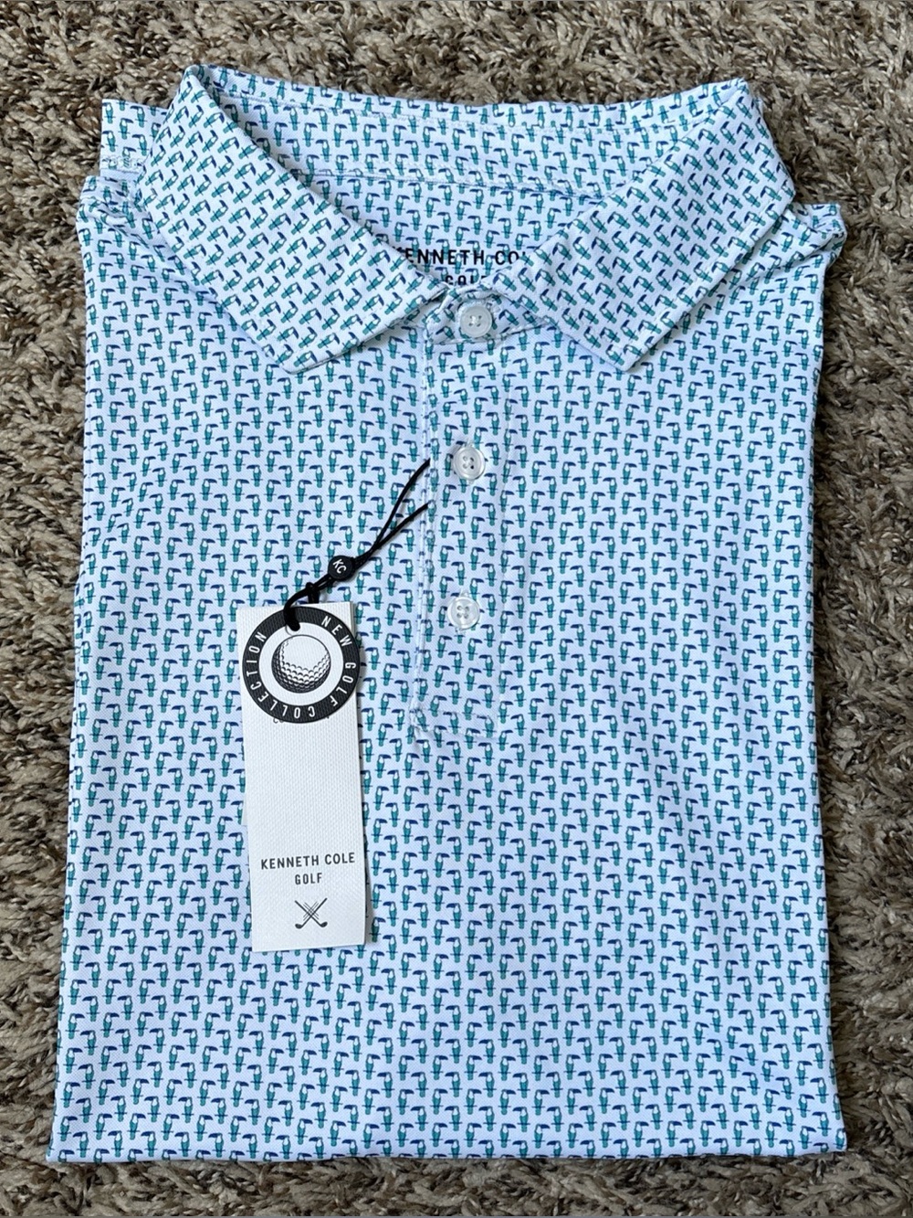 Kenneth Cole Golf White Polo with Teal & Blue Print